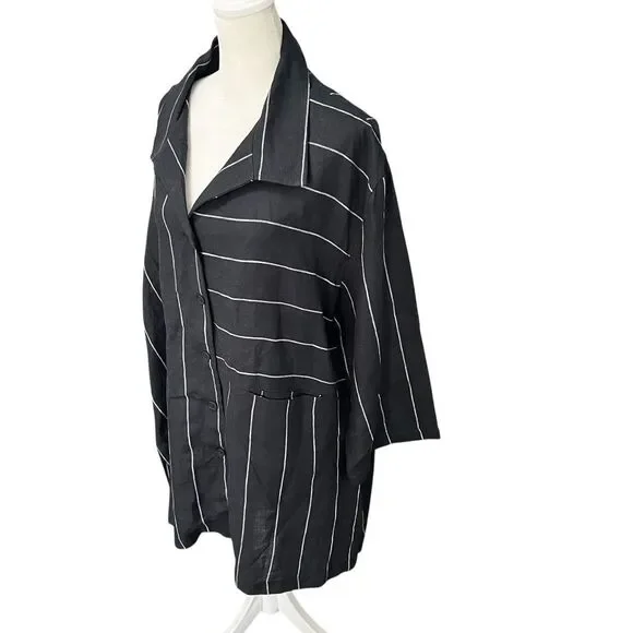 Lisa Bayne 100% Linen Black White Pinstripe Oversized Button Shirt XL Tunic - Picture 4 of 7